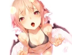 Rule 34 | 1girl, animal ears, ayagi daifuku, bent over, bird wings, black bra, black panties, blush, bra, breasts, cleavage, collarbone, dutch angle, fangs, looking at viewer, mystia lorelei, navel, no headwear, no headwear, open mouth, panties, pink hair, red eyes, short hair, signature, simple background, small breasts, solo, stomach, tongue, tongue out, touhou, underwear, underwear only, white background, wings