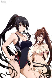 Rule 34 | 2girls, absurdres, bikini, black hair, breasts, brown hair, cleavage, competition swimsuit, hand on own hip, highres, kantai collection, large breasts, long hair, looking at viewer, magazine scan, masaki nako, megami magazine, multiple girls, navel, official art, one-piece swimsuit, ponytail, scan, simple background, swimsuit, thighs, very long hair, white background, yahagi (kancolle), yamato (kancolle)