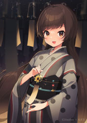 Rule 34 | 1girl, :d, anotherxalice, blurry, blurry foreground, blush, brown eyes, brown hair, character request, commentary request, depth of field, flower, grey kimono, highres, holding, japanese clothes, kimono, long hair, long sleeves, looking at viewer, nyasunyadoora, obi, open mouth, sash, smile, solo, sunflower, upper body, very long hair, wide sleeves, wind chime, yellow flower, yukata