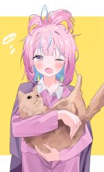 Rule 34 | 1girl, absurdres, animal, blue hair, blush, brown cat, cat, collared shirt, colored inner hair, commentary request, highres, holding, holding animal, holding cat, hololive, long sleeves, looking at viewer, medium hair, messy hair, minato aqua, multicolored hair, nel dcm, one eye closed, open mouth, pants, pink hair, pink pants, pink shirt, purple eyes, shirt, simple background, solo, straight-on, streaked hair, virtual youtuber, yawning, yellow background