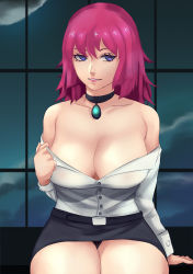 Rule 34 | 1girl, bl/ess, black skirt, blue eyes, breasts, choker, cleavage, cleavage reach, collared shirt, facing viewer, gem, large breasts, legs together, lipstick, makeup, medium hair, n1rv ann-a, no bra, off-shoulder shirt, off shoulder, panties, pencil skirt, pink hair, sam (n1rv ann-a), shirt, sitting, skirt, solo, thick thighs, thighs, underwear, undressing, upskirt, white shirt, window