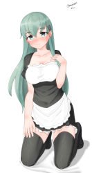 Rule 34 | 1girl, absurdres, alternate costume, apron, aqua eyes, aqua hair, black dress, black thighhighs, dress, enmaided, frilled apron, frills, full body, hair ornament, hairclip, highres, kantai collection, long hair, looking at viewer, maid, maru (marg0613), simple background, smile, solo, suzuya (kancolle), thighhighs, white apron, white background