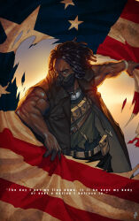 1boy american_flag bandolier belt cornrows dark_skin dreadlocks duster english_text fallout fallout:_new_vegas gas_mask highres mask muscular muscular_male penett pouch sleeveless solo sunset torn_clothes torn_flag yellow_eyes