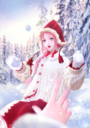 Rule 34 | 2girls, 3d, blurry, blurry background, blurry foreground, braid, brown eyes, chinese commentary, commentary request, day, fingernails, gloves, highres, holding, holding snowball, jacket, long hair, looking at viewer, multiple girls, nikki (miracle nikki), nikki (series), official art, pale skin, pink hair, red headwear, red skirt, shining nikki, single braid, skirt, smile, snow, snow on tree, snowball, snowing, sunlight, sweater, teeth, tree, white gloves, white sweater