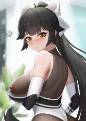 Rule 34 | 1girl, absurdres, arm under breasts, ass, azur lane, bare shoulders, black hair, blurry, blurry background, blush, bodystocking, bodysuit, bow, breast hold, breast lift, breasts, closed mouth, covered erect nipples, elbow gloves, embarrassed, from behind, from side, gloves, hair bow, high ponytail, highleg, highleg leotard, highres, impossible clothes, large breasts, leotard, long hair, looking at viewer, looking back, nipples, official alternate costume, ponytail, race queen, see-through, skin tight, solo, spoken squiggle, squiggle, standing, takao (azur lane), takao (full throttle charmer) (azur lane), tttao, two-tone leotard, upper body, very long hair, wavy mouth, white bow, white gloves, white leotard, yellow eyes