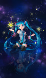 Rule 34 | 1girl, :d, ahoge, aqua eyes, aqua hair, bare shoulders, blue eyes, boots, detached sleeves, hatsune miku, highres, long hair, necktie, open mouth, reflection, reflective floor, seiza, sitting, skirt, sky, smile, solo, star (sky), starry sky, thigh boots, thighhighs, twintails, very long hair, vocaloid, yamori (stom), zettai ryouiki