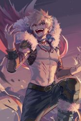 Rule 34 | 1boy, artist name, bakugou katsuki, belt, belt buckle, black pants, black sky, bleeding, blonde hair, blood, boku no hero academia, boots, brown belt, buckle, cape, claw mark, commentary, cowboy shot, cuts, dated commentary, detached sleeves, earrings, evening, fire, floating cape, fur-trimmed boots, fur-trimmed cape, fur trim, gradient outline, gradient sky, grey footwear, grey outline, hair between eyes, hands up, happy, highres, injury, jewelry, knee boots, knee guards, knee up, looking away, looking down, making-of available, male focus, multiple necklaces, navel, necklace, nipples, no shirt, open mouth, outdoors, outline, pants, pink outline, pink sky, red cape, red eyes, sanpaku, short hair, shoulder pads, sidelighting, sideways glance, single bare shoulder, single shoulder pad, sky, smile, smoke, solo, spiked hair, standing, star (sky), stepping, toned, toned male, tooth earrings, tooth necklace, torn cape, torn clothes, triangle print, turning head, v-shaped eyebrows, white outline, wind, zettanoia