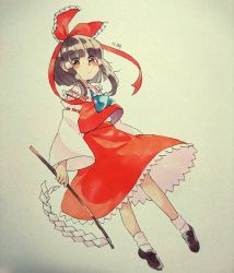 Rule 34 | 1girl, ascot, bad id, bad twitter id, blue ascot, blue ribbon, blunt bangs, blush, closed mouth, commentary, dated, detached sleeves, frilled skirt, frills, hair ribbon, hair tubes, hakurei reimu, highres, holding, long sleeves, looking at viewer, marker (medium), one-hour drawing challenge, red eyes, red vest, ribbon, sasa kichi, skirt, socks, solo, touhou, traditional media, vest, white socks, wide sleeves, wing collar