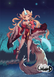 Rule 34 | 1girl, absurdly long hair, alnilam, anklet, bare tree, barefoot, blonde hair, brown eyes, character request, copyright name, dress, full body, horns, jewelry, long hair, looking at viewer, moon, night, night sky, orb, outdoors, red dress, single horn, sky, solo, tree, unleashed, very long hair, watermark, wide sleeves