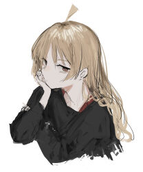 Rule 34 | 1girl, absurdres, ahoge, black shirt, blonde hair, bocchi the rock!, hand on own chin, highres, ijichi seika, long hair, looking at viewer, pikuson, red eyes, shirt, simple background, solo, white background