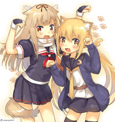 Rule 34 | 10s, 2girls, :3, :d, absurdres, animal ear fluff, animal ears, black legwear, black serafuku, blonde hair, cat ears, commentary request, crescent, fang, fingerless gloves, gloves, hair flaps, hair ornament, hair ribbon, highres, kantai collection, kemonomimi mode, long hair, long sleeves, low twintails, multiple girls, neckerchief, open mouth, paw print, pleated skirt, ribbon, satsuki (kancolle), scarf, school uniform, serafuku, skirt, smile, standing, tail, thighhighs, twintails, twitter username, very long hair, white scarf, yellow eyes, yuudachi (kancolle), zettai ryouiki, zuho (vega)