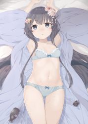 Rule 34 | 1girl, absurdres, alcohol, armpits, arms up, bare shoulders, black hair, blue bra, blue eyes, blue panties, blush, bottle, bow, bow bra, bow panties, bra, breasts, collarbone, commentary request, female admiral (kancolle), flower, groin, hair between eyes, hair flower, hair ornament, hairclip, hands up, highres, kantai collection, lace, little girl admiral (kancolle), long hair, long sleeves, looking at viewer, lying, navel, on back, open clothes, open mouth, panties, sake, sake bottle, small breasts, solo, sweatdrop, tokkuri, underwear, underwear only, very long hair, wet, yui (seiga)
