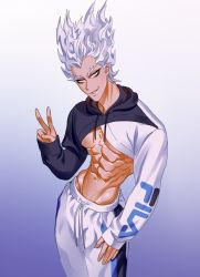 Rule 34 | 1boy, abs, brown eyes, commentary, constricted pupils, cropped hoodie, edie crop hoodie, english commentary, eyeliner, fila, garou (one-punch man), gradient background, highres, hood, hood down, hoodie, looking at viewer, makeup, male focus, meme attire, muscular, nipple slip, nipples, one-punch man, pants, pectorals, product placement, sarah (mmonsterbones), solo, spiked hair, thick eyebrows, topless male, track pants, v, white hair