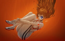 Rule 34 | 1girl, ass, bodysuit, breasts, curvy, evangelion: 3.0+1.0 thrice upon a time, expressionless, eyepatch, fetal position, floating hair, glowing, glowing eye, highres, huge ass, interface headset, lcl, long hair, looking at viewer, neon genesis evangelion, orange background, pilot suit, plugsuit, rebuild of evangelion, shiny clothes, solo, souryuu asuka langley, underwater, vehicle interior, very long hair, wide hips