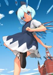 Rule 34 | 1girl, blue dress, blue eyes, blue hair, cirno, closed mouth, dress, fairy, highres, huxiao (mistlakefront), ice, ice wings, puffy short sleeves, puffy sleeves, shirt, short hair, short sleeves, signature, smile, solo, tongue, tongue out, touhou, white shirt, wings