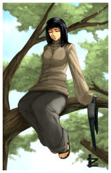 Rule 34 | 00s, 1girl, 2009, black hair, blue eyes, breasts, downcast eyes, highres, hyuuga hinata, in tree, irving-zero, large breasts, long hair, long skirt, naruto (series), naruto shippuuden, sandals, sitting, sitting in tree, skirt, solo, sweater, toes, tree