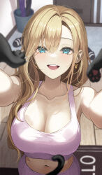 1girl :d animal animal_hands animal_pov armpits arms_up bare_shoulders blonde_hair blue_eyes blush breasts cat cat_paws claws cleavage collarbone crop_top doorway earrings film_grain gongha highres holding holding_animal holding_cat indoors jewelry large_breasts leggings long_hair midriff navel open_mouth original pants pink_pants pink_sports_bra pov sandals shirt sleeveless sleeveless_shirt smile solo sports_bra sportswear stomach tail white_shirt