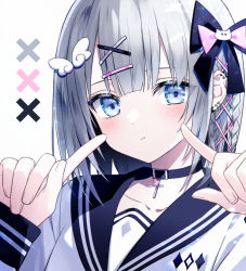 Rule 34 | 1girl, :t, belt collar, black bow, blue eyes, bow, braid, closed mouth, collar, collarbone, commentary, cross, cross necklace, ear piercing, eyelashes, hair bow, hair ornament, hairpin, jewelry, kazunehaka, light blush, looking at viewer, necklace, original, piercing, sailor collar, school uniform, serafuku, short hair, silver hair, simple background, solo, white background