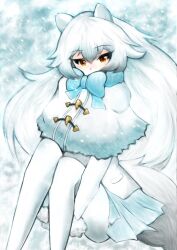 Rule 34 | 1girl, animal ears, arctic fox (kemono friends), blush, bow, bowtie, capelet, extra ears, fox ears, fox girl, fox tail, fur trim, gloves, highres, jack4l, kemono friends, long hair, long sleeves, looking at viewer, pantyhose, pleated skirt, skirt, solo, tail, white gloves, white hair, yellow eyes