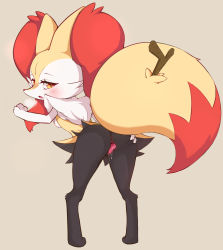 Rule 34 | 1girl, absurdres, against wall, animal ear fluff, animal ears, animal hands, anus, ass, braixen, breasts, breath, brown background, clitoris, creatures (company), fang, female focus, flong, fox ears, fox tail, from behind, full body, furry, furry female, game freak, gen 6 pokemon, half-closed eyes, hand on own ass, hand up, highres, looking at viewer, nintendo, nipples, open mouth, orange eyes, pigeon-toed, pokemon, pokemon (creature), presenting, pussy, pussy juice, sideways mouth, simple background, small breasts, solo, spread pussy, standing, stick, tail, uncensored