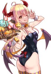 1girl ;p abeno_chako ahoge ass bare_shoulders black_leotard blonde_hair bow breasts bunny_day cake character_request claw_pose cleavage copyright_request cowboy_shot demon_girl demon_horns demon_tail demon_wings detached_collar food highres holding holding_cake holding_food horns leotard medium_breasts one_eye_closed strapless strapless_leotard tail thighhighs tongue tongue_out white_background wings wrist_cuffs