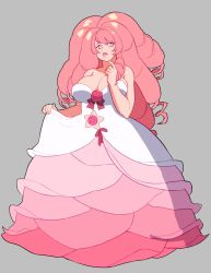 Rule 34 | 1girl, breasts, cleavage, dress, drill hair, full body, gigantic breasts, lilirulu, looking at viewer, parted lips, pink eyes, pink hair, puffy lips, rose quartz universe, solo, steven universe, white dress
