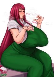 Rule 34 | 1girl, blue eyes, blush, breasts, curvy, fellatio gesture, gigantic breasts, half-closed eyes, highres, long hair, looking at viewer, mature female, naruto (series), naruto shippuuden, naughty face, open mouth, plump, red hair, ruru-raida, sexually suggestive, simple background, sitting, solo, tongue, tongue out, uzumaki kushina, very long hair, white background