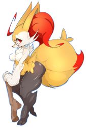 Rule 34 | 1girl, ahoge, animal ear fluff, animal ears, animal nose, bad id, bad tumblr id, bespectacled, braixen, breasts, creatures (company), furry, furry female, game freak, gen 6 pokemon, glasses, highres, nintendo, no nipples, nude, pokemon, pokemon (creature), red-framed eyewear, red eyes, round eyewear, slugbox, snout, solo, stick, tail, thick thighs, thighs
