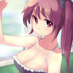 Rule 34 | 1girl, breasts, cleavage, looking at viewer, original, red eyes, red hair, saiste, side ponytail, solo