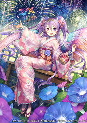 Rule 34 | 1girl, :d, copyright notice, feathered wings, fireworks, flower, geta, heterochromia, japanese clothes, kalavinka (z/x), kimono, long hair, multicolored wings, obi, official art, open mouth, purple eyes, purple hair, red eyes, ronce, sash, sitting, smile, solo, teeth, upper teeth only, wings, yukata, z/x