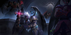 Rule 34 | armor, bat wings, black wings, crossed arms, duel monster, fabled andwraith, fabled leviathan, fabled ragin, fabled valkyrus, feathered wings, full armor, glint, glowing, glowing eyes, grin, holding, holding sword, holding weapon, long hair, pauldrons, shoulder armor, sihai (wsskdywe), sitting, smile, sword, throne, throne room, weapon, wings, yu-gi-oh!