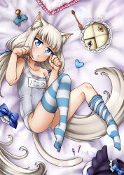 Rule 34 | 1girl, animal ears, aqua eyes, bed sheet, blunt bangs, bow, cake, cat ears, cat girl, cat tail, commentary request, food, hair bow, hair ribbon, long hair, looking at viewer, low twintails, lying, name tag, nekopara, old school swimsuit, one-piece swimsuit, parted lips, paw pose, pillow, ribbon, school swimsuit, sidelocks, solo, stalkingp, striped clothes, striped thighhighs, swimsuit, tail, thighhighs, translation request, twintails, vanilla (nekopara), white hair, white one-piece swimsuit