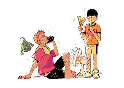 Rule 34 | 2boys, anger vein, black hair, black shorts, blonde hair, closed mouth, commentary, ekubo (mob psycho 100), electric fan, english commentary, food, gatoiberico, hand fan, holding, holding fan, holding food, holding popsicle, hot, kageyama shigeo, male focus, mob psycho 100, multiple boys, orange shirt, popsicle, red shirt, reigen arataka, shirt, shoes, short hair, short sleeves, shorts, simple background, sitting, spirit, standing, sweat, towel, towel around neck, white background