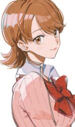 Rule 34 | 1girl, 4 yvj, blush, bow, bowtie, brown eyes, brown hair, closed mouth, collared shirt, hair between eyes, highres, long sleeves, looking at viewer, persona, persona 3, pink sweater, red bow, red bowtie, school uniform, shirt, short hair, simple background, solo, sweater, takeba yukari, upper body, white background, white shirt