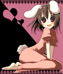 Rule 34 | 1girl, animal ears, barefoot, brown hair, dress, female focus, heart, inaba tewi, kneeling, kujiran, looking at viewer, open mouth, rabbit ears, rabbit girl, rabbit tail, red eyes, short hair, sitting, smile, solo, tail, touhou, v arms, wariza