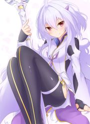 Rule 34 | 1girl, ahoge, black gloves, black pants, blush, breasts, closed mouth, fate/grand order, fate/prototype, fate (series), fingerless gloves, gloves, holding, holding staff, kimukimu, knees up, long hair, long sleeves, looking at viewer, medium breasts, merlin (fate/prototype), merlin (fate/prototype) (second ascension), pants, purple eyes, robe, simple background, smile, staff, thighs, very long hair, white background, white hair, white robe, wide sleeves