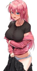 Rule 34 | 1girl, absurdres, arm under breasts, black shirt, black skirt, blue eyes, blush, bocchi the rock!, breasts, breath, clothes pull, commentary, cowboy shot, cube hair ornament, furrowed brow, gotoh hitori, hair between eyes, hair ornament, heavy breathing, highres, hot, jacket, large breasts, long hair, looking at viewer, nervous smile, nervous sweating, off shoulder, open clothes, open jacket, open mouth, panties, partially unzipped, pink hair, pink jacket, pleated skirt, shirt, short sidetail, short sleeves, sibo, simple background, skirt, skirt pull, smile, solo, standing, sweat, t-shirt, taut clothes, taut shirt, tearing up, tears, track jacket, underwear, very sweaty, wet, wet clothes, wet shirt, white background, white panties