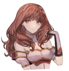 Rule 34 | 1girl, armor, blunt bangs, breastplate, breasts, cape, celica (fire emblem), cleavage, dress, fire emblem, fire emblem echoes: shadows of valentia, gloves, hand in own hair, jewelry, long hair, nintendo, red armor, red eyes, red hair, simple background, smile, solo, tiara, white armor, white background, zuizi