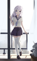 Rule 34 | 1girl, :d, absurdres, alternate costume, azur lane, black skirt, brown footwear, character request, day, floating hair, full body, grey neckwear, head tilt, highres, lazy guang guang, loafers, long hair, looking at viewer, miniskirt, open mouth, pleated skirt, purple eyes, school uniform, see-through silhouette, serafuku, shirt, shoes, short sleeves, silver hair, skirt, smile, solo, standing, thighhighs, unicorn, white shirt, white thighhighs, zettai ryouiki