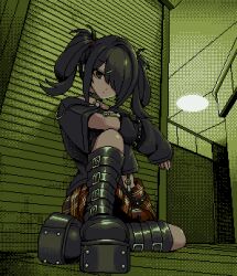 Rule 34 | 1girl, :/, against wall, alternate costume, ame-chan (needy girl overdose), animal collar, arm on knee, arm rest, asymmetrical bangs, belt, black choker, black collar, black eyes, black footwear, black hair, black shirt, boots, ceiling, ceiling light, chain, choker, closed mouth, collar, detached sleeves, eencya, floor, foreshortening, from below, full body, hair ornament, hair over one eye, head tilt, knee up, light, looking at viewer, looking down, medium hair, midriff, midriff peek, needy girl overdose, official art, pixel art, plaid, plaid skirt, platform boots, platform footwear, red skirt, second-party source, shadow, shirt, sidelocks, sitting, skirt, sleeves past wrists, solo, spiked collar, spikes, suspender skirt, suspenders, twintails, x hair ornament