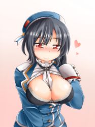 Rule 34 | 10s, 1girl, ascot, beret, black bra, black gloves, black hair, bra, breasts, cleavage, female focus, gloves, hat, kanosawa, kantai collection, lace, lace-trimmed bra, lace trim, large breasts, looking at viewer, red eyes, short hair, smile, solo, takao (kancolle), underwear