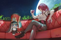 Rule 34 | 1girl, 1other, animal ears, arepko, astral express (honkai: star rail), black corset, black shorts, blue eyes, boots, breasts, butterfly ornament, chest harness, commentary request, corset, couch, crossed legs, eyewear on head, gloves, harness, high-waist shorts, highres, honkai: star rail, honkai (series), kafka (honkai: star rail), long hair, long sleeves, lop rabbit ears, medium breasts, on couch, pantyhose, pantyhose under shorts, pom-pom (honkai: star rail), purple eyes, purple gloves, purple hair, purple pantyhose, rabbit ears, red headwear, round eyewear, shirt, shorts, single thigh boot, sitting, smile, space, spider web print, sunglasses, thigh boots, white shirt