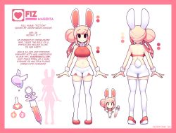 Rule 34 | 1girl, animal ears, artist name, black eyes, blush, breasts, character sheet, closed mouth, crop top, fiz (fizintine), fizintine, hair bun, highres, large breasts, looking at viewer, multiple views, original, pink hair, rabbit ears, rabbit girl, rabbit tail, short hair, shorts, simple background, single hair bun, smile, swept bangs, tail, thighhighs, white shorts, white thighhighs, wrist cuffs