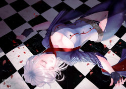 Rule 34 | 1girl, belt, black gloves, blue pants, breasts, buckle, chain, chaps, character name, checkered floor, cleavage, cleavage cutout, closed eyes, clothing cutout, cropped jacket, crotch cutout, crotchless, crotchless pants, fingerless gloves, girls&#039; frontline, gloves, large breasts, leotard, lunaworld, lying, mg5 (girls&#039; frontline), nail polish, on back, pants, petals, red nails, revealing clothes, short hair, sidelocks, signature, silver hair, solo, thighs, wide sleeves