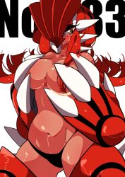 Rule 34 | 1girl, black panties, blush, breasts, claws, covering breasts, covering privates, creatures (company), game freak, gen 3 pokemon, gloves, groudon, large breasts, legendary pokemon, long hair, looking at viewer, nintendo, panties, personification, pokedex number, pokemon, red hair, sameyama jiro, solo, spiked helmet, tears, thighhighs, topless, underwear, white background, yellow eyes