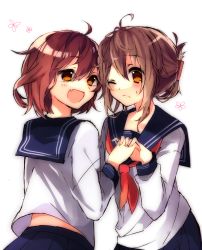 Rule 34 | 10s, 2girls, :d, ;(, ahoge, bad id, bad pixiv id, brown eyes, brown hair, dress, fang, flower, folded ponytail, holding hands, ikazuchi (kancolle), inazuma (kancolle), kantai collection, multiple girls, one eye closed, open mouth, personification, sailor dress, school uniform, serafuku, short hair, siblings, sisters, smile, sweatdrop, wink, yamori shiki