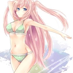 Rule 34 | 1girl, armpits, bad id, bikini, blue eyes, green bikini, long hair, megurine luka, mikipa, pink hair, project diva (series), project diva f, solo, summer idol (vocaloid), swimsuit, twintails, two side up, very long hair, vocaloid