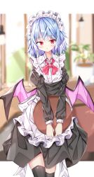 Rule 34 | 1girl, alternate costume, bad id, bad pixiv id, bat wings, black thighhighs, blue hair, blurry, blurry background, enmaided, highres, holding, holding tray, indoors, juliet sleeves, long sleeves, looking at viewer, maid, open mouth, puffy sleeves, red eyes, remilia scarlet, sabana, short hair, solo, sweatdrop, thighhighs, touhou, tray, wings