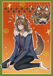 Rule 34 | 1boy, absurdres, animal ear fluff, animal ears, black pants, blue jacket, brown hair, chibi, chinese commentary, closed mouth, commentary request, cross, frown, fur-trimmed jacket, fur trim, green eyes, hair between eyes, highres, holding, holding cross, isoi reiji, jacket, kneeling, lajitong jun, long sleeves, male focus, medium hair, multiple views, no shoes, open clothes, open jacket, pants, red shirt, saibou shinkyoku, sanpaku, shaded face, shirt, socks, tail, v-shaped eyebrows, white socks, wolf boy, wolf ears, wolf tail
