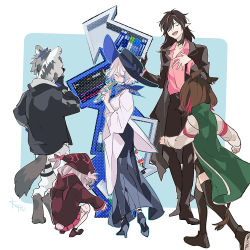 Rule 34 | 2boys, 3girls, animal ears, arknights, black hair, black jacket, blouse, blue background, brown hair, catapult (arknights), dress, furry, furry male, green jacket, hand on own chin, hat, horse tail, jacket, korukun, midnight (arknights), multiple boys, multiple girls, nightcap, orchid (arknights), pink shirt, pointy ears, popukar (arknights), shirt, spot (arknights), tail, thighhighs, white dress, white hair, white shirt